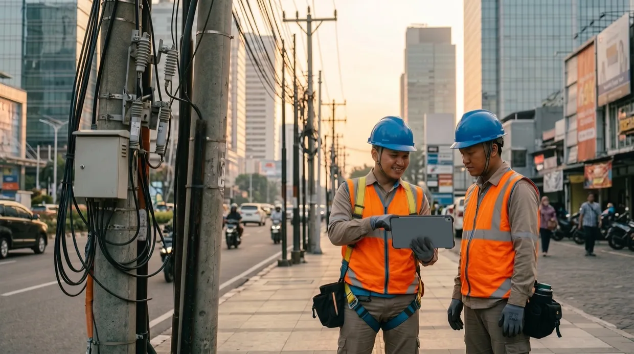 Dua teknisi berompi oranye dan berhelm biru memeriksa tablet di sisi jalan, di dekat tiang jaringan dengan kabel dan kotak panel.