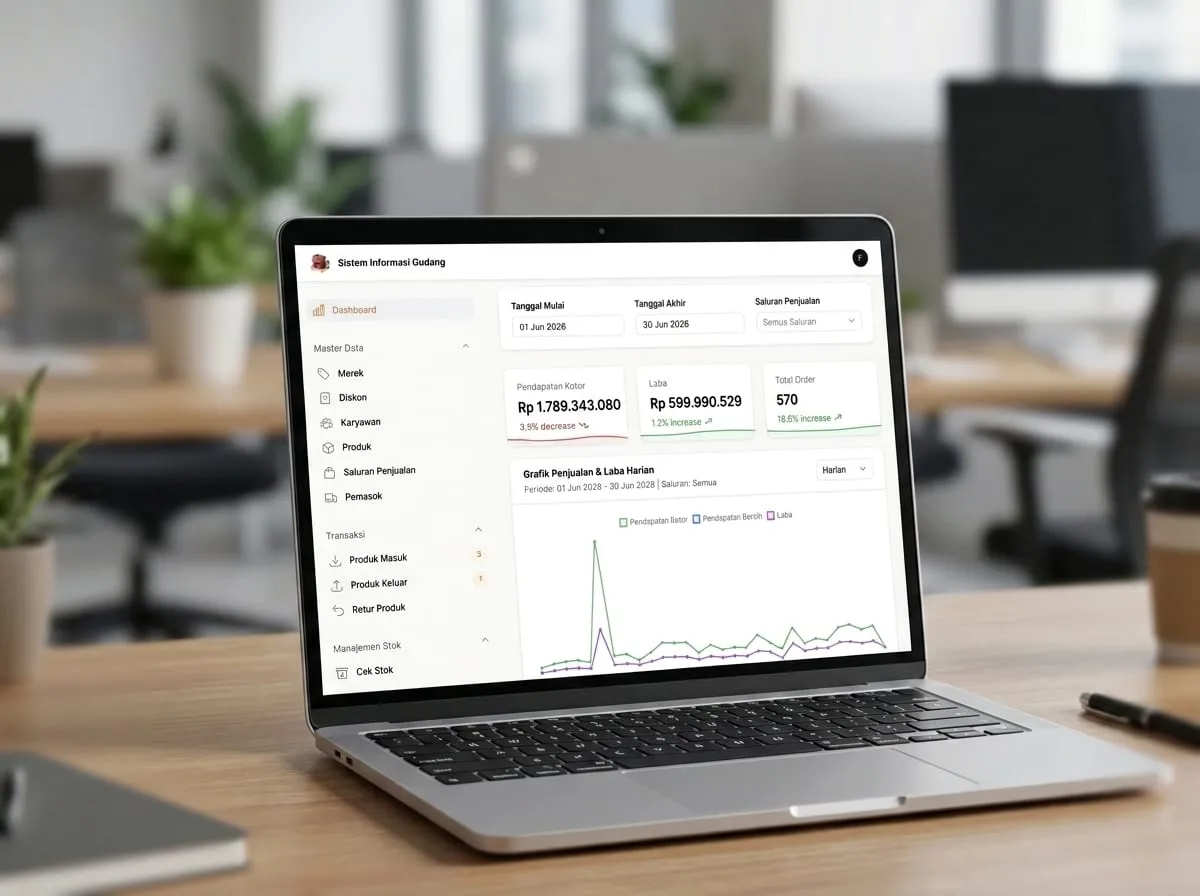 Dashboard penjualan dengan ringkasan angka dan grafik di layar laptop