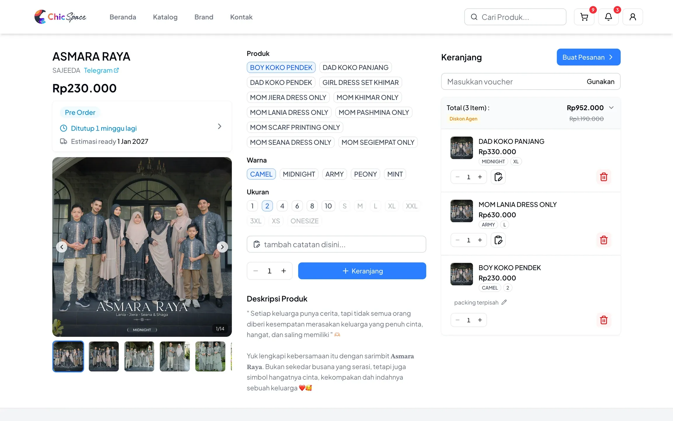 Antarmuka aplikasi kasir Chic Space: daftar produk, varian, dan keranjang pesanan dalam satu layar